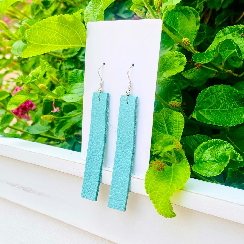 Turquoise Leather Earrings- Turquoise Boho Rectangle Dangle Earrings